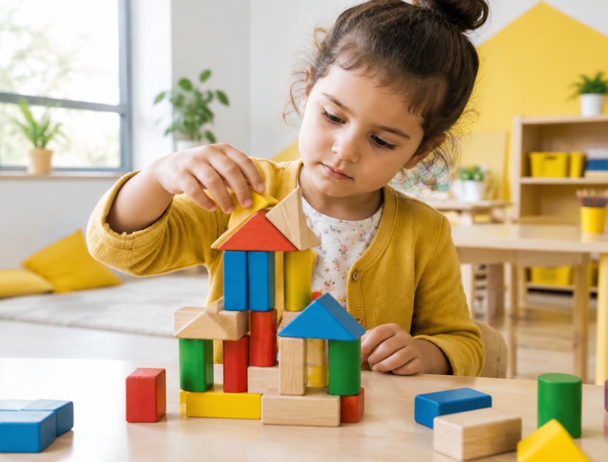 A Butler student building with colorful blocks